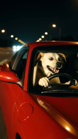 a humorous video concept featuring a dog driving a red car at night