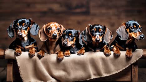 a group of dachshunds sitting on top of a wooden bench