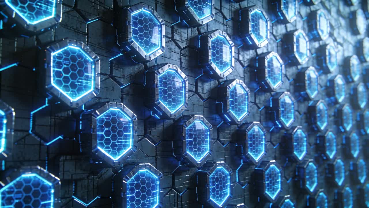 Kameran börjar panorera och avslöjar upprepande åttakantiga moduler på en metallvägg med ett pulserande blått hexagonalt gitter.