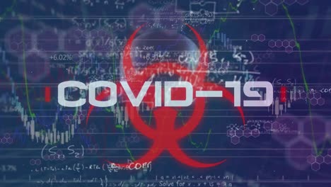 Animation-of-covid-19-and-biohazard-over-scientific-data-over-blue-background