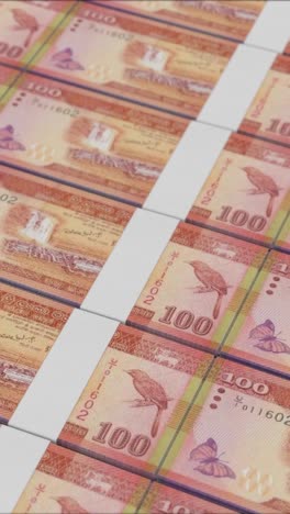 video vertical de billetes de 100 rupias de sri lanka impresos por una prensa de dinero