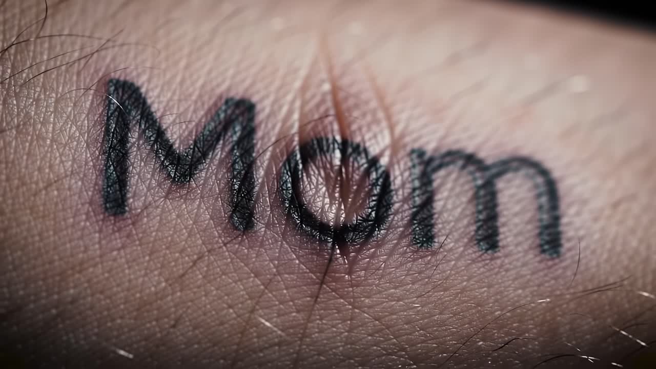 A Close-Up Perspective on a Heartfelt Tribute: The Intricate Detail of a 'Mom' Tattoo on Skin Capturing Emotions and Memories