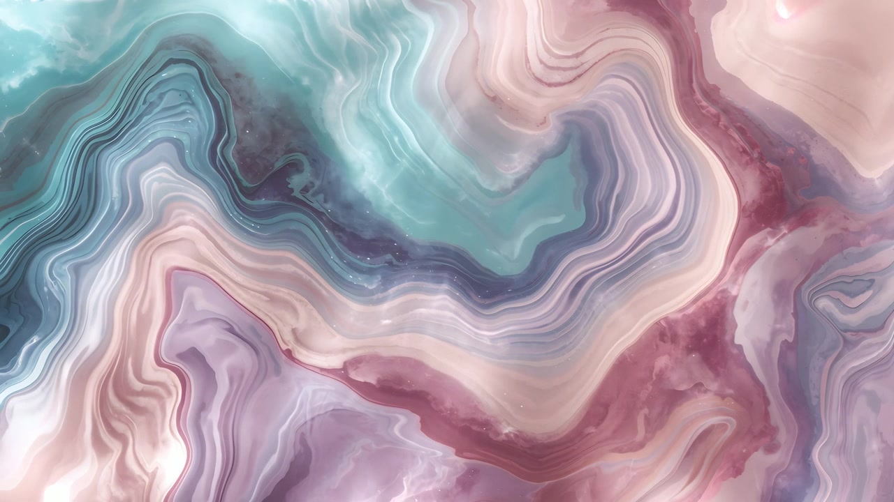 Starting playback marbled art moving slowly on art canvas, with teal pink lilac cream contour lines