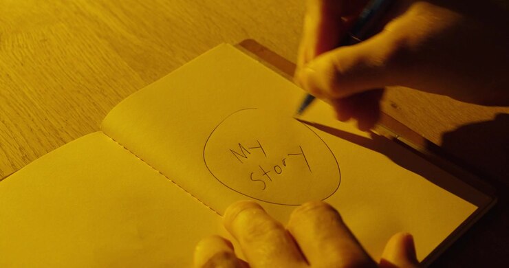Close-up of a person writing “My Story” in a notebook under warm cinematic lighting, representing memories, storytelling and personal experiences.