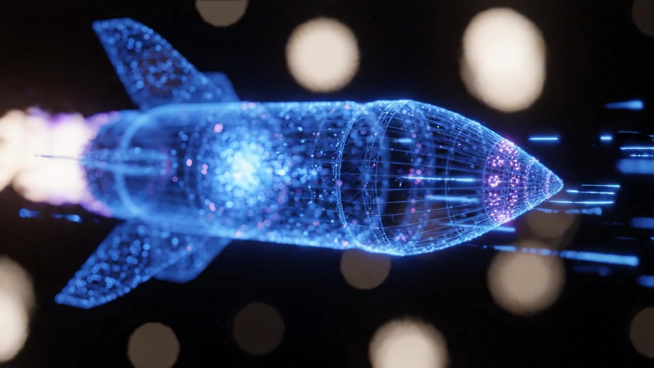 Dynamic Visualization of a Futuristic Rocket Launching into Outer Space with Emphasized Technological Energy and Data Representation in a Digital Environment