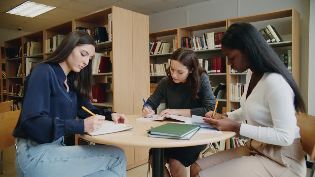 Vertical video: Three students starting study session, opening books, writing with yellow pencils