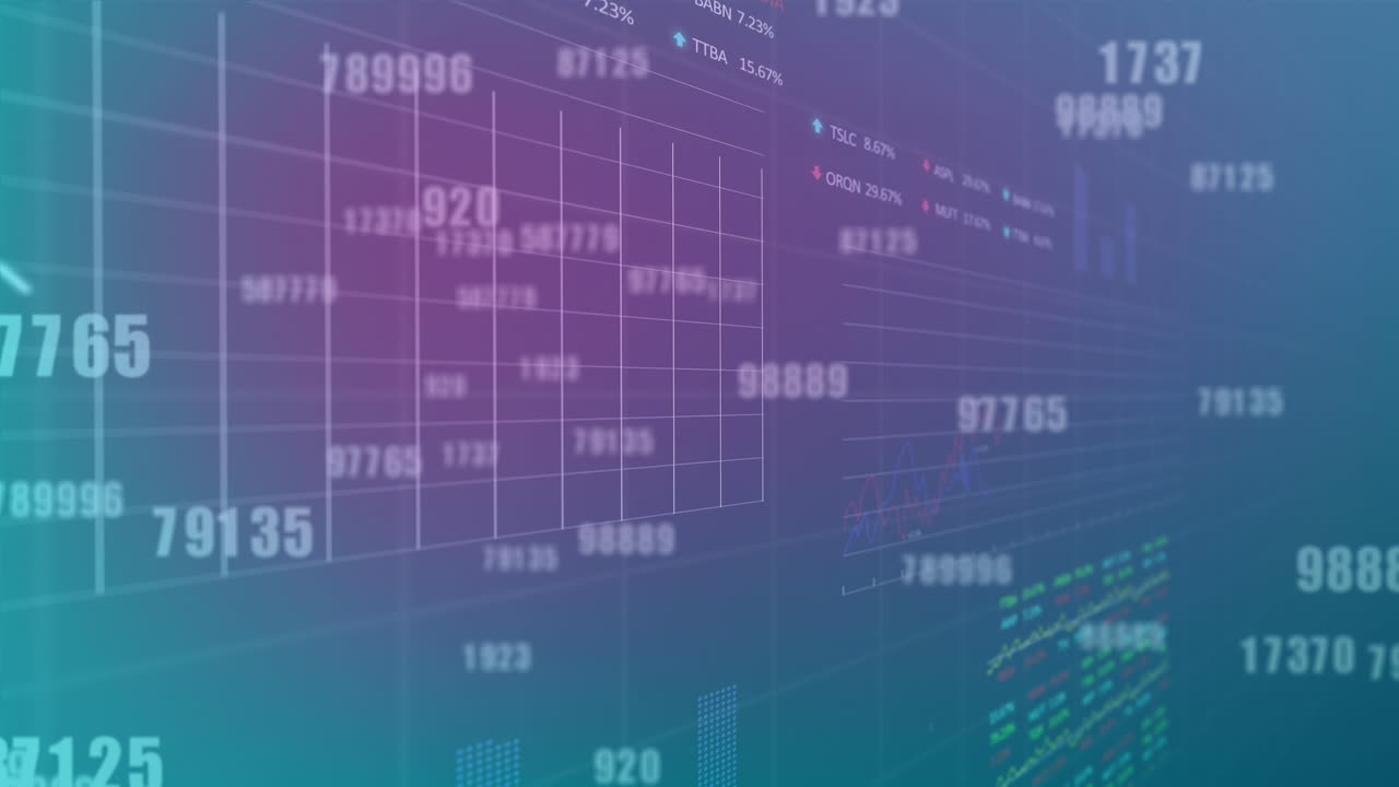 animación de números cambiantes en múltiples gráficos y tableros de negociación en un fondo abstracto