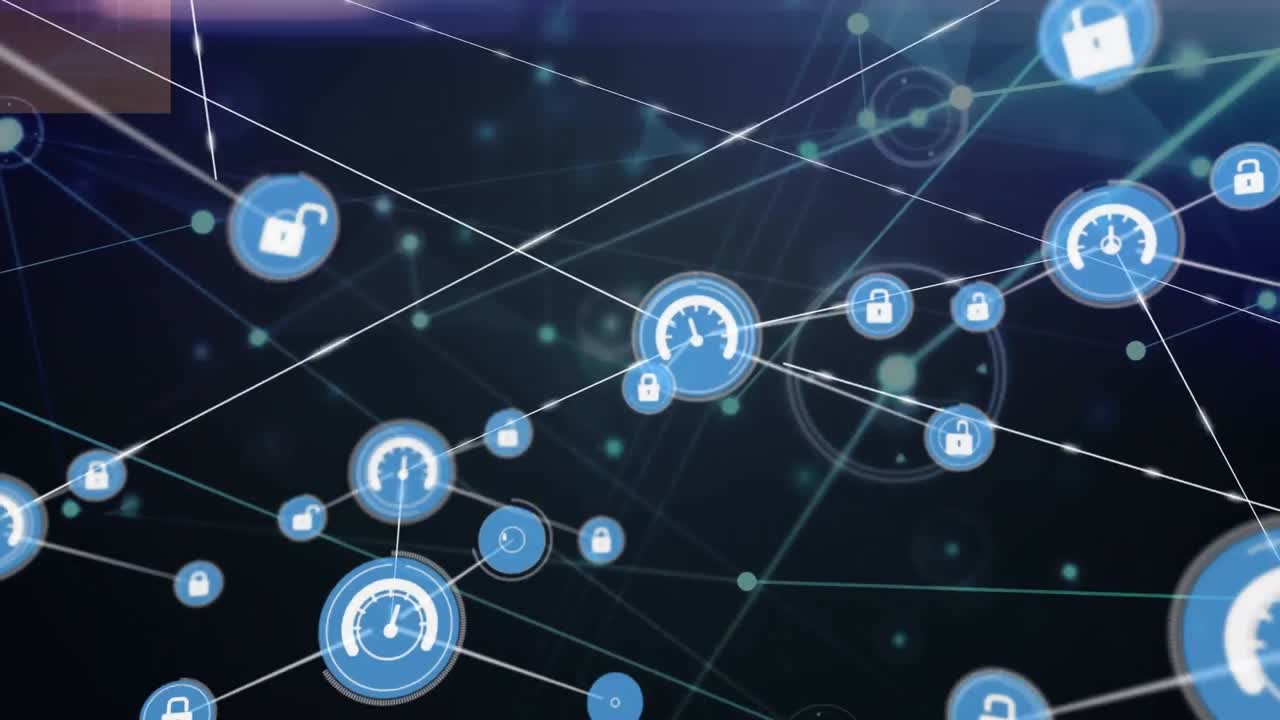 Animation of network of digital icons against light trails on blue background