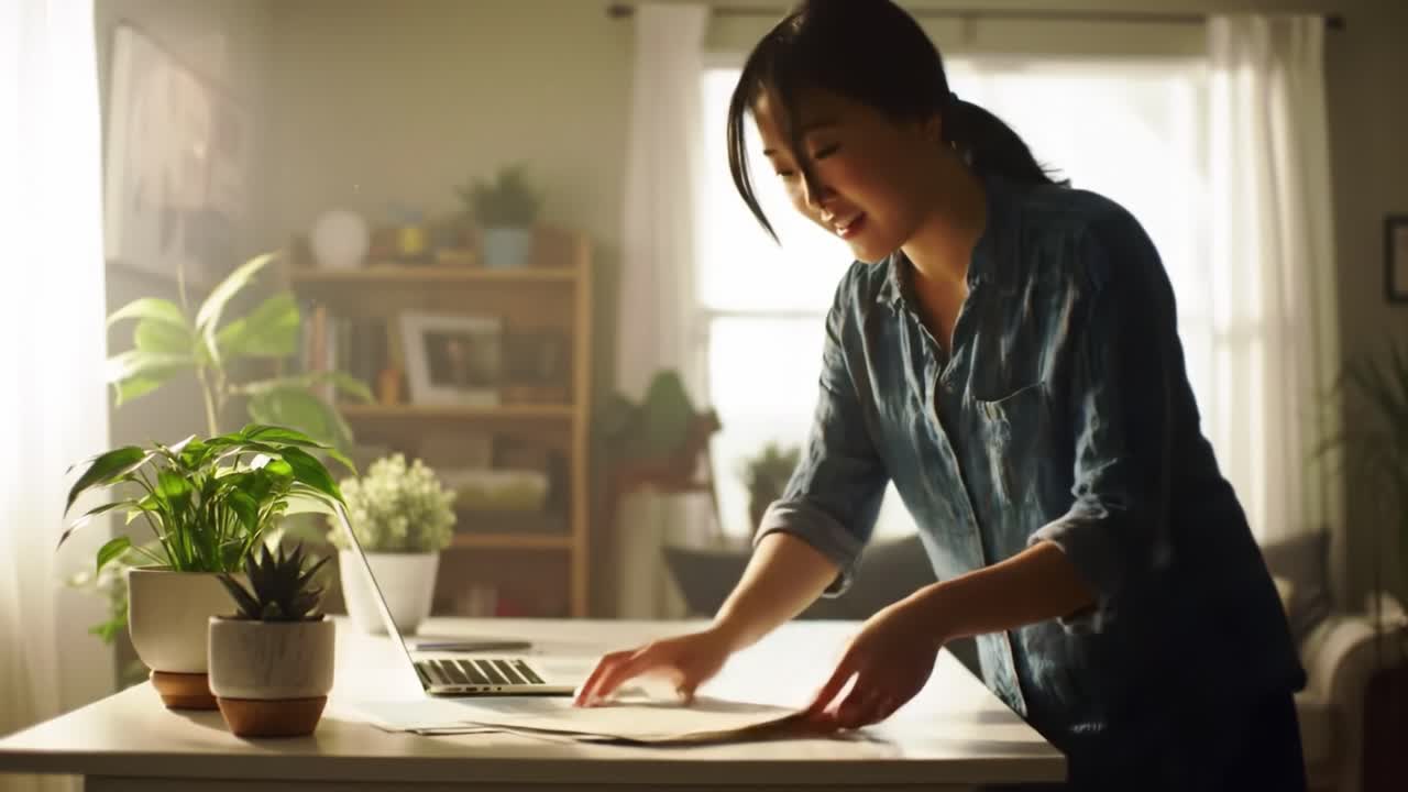 A woman is focused on her laptop at a home desk, surrounded by potted plants. Sunlight fills the space, creating a serene atmosphere for productivity and creativity.