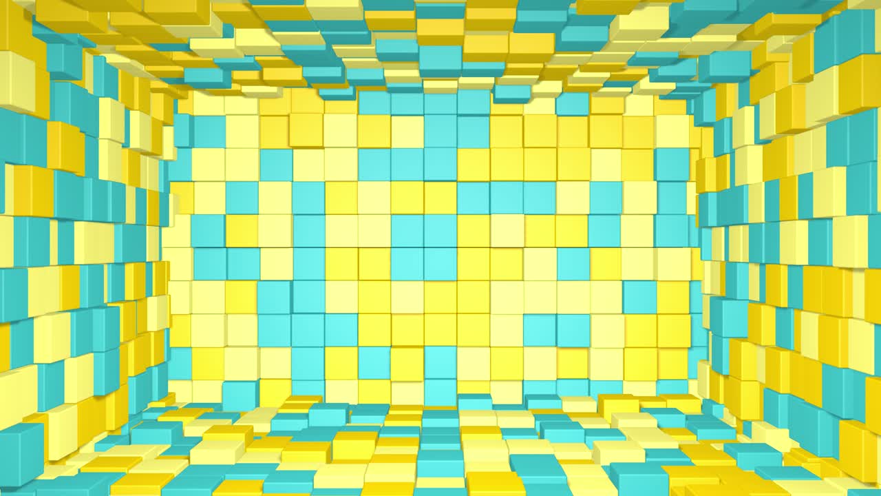 interior de la habitación abstracta con cubos amarillos azules. cubo de caja fondo geométrico aleatorio. fondo de mosaico de píxeles cuadrados. bloques de tierra. maqueta para su proyecto. bucle de animación 3d de 4k