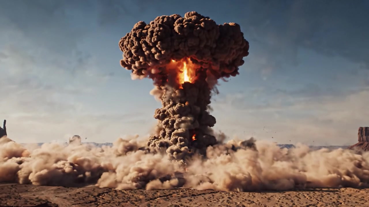 Eine spektakuläre Explosion bricht aus der Wüstenlandschaft hervor und erzeugt eine vulkanische Pilzwolke, die den Himmel beherrscht und die umliegende Umgebung verändert.