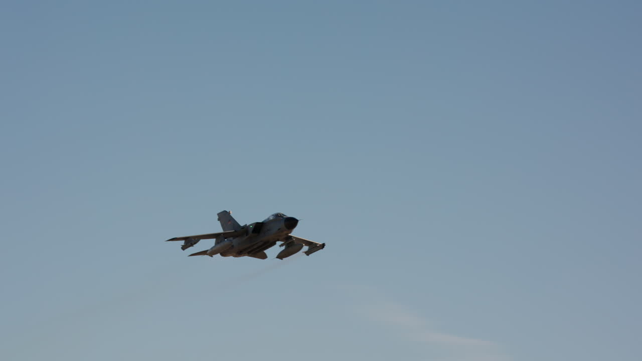 Powerful Military Jet Flying and Ascending in Blue Sky