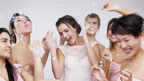 beautiful bridesmaids dancing bubbles slow motion wedding photo booth series