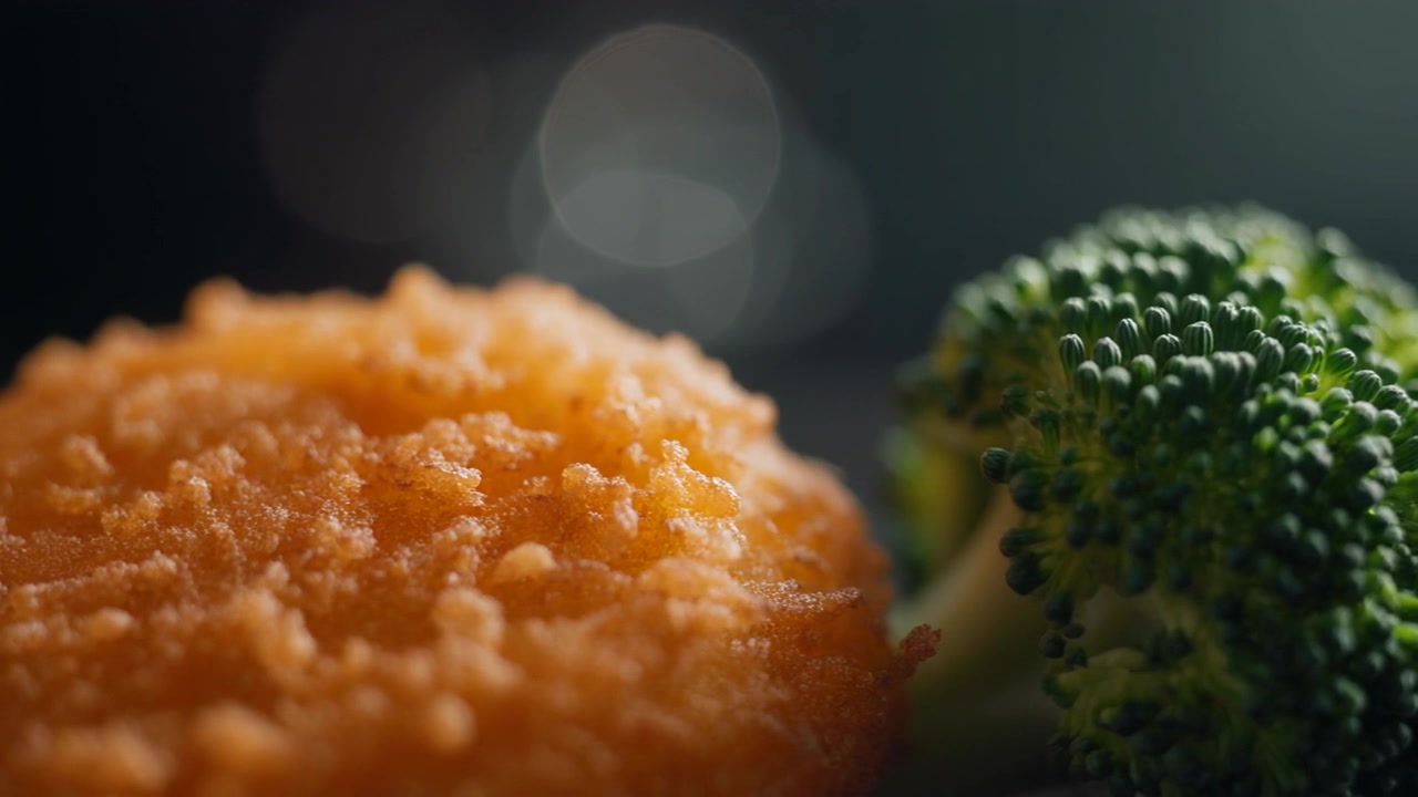 Primo piano di una crocchetta fritta croccante con broccoli freschi