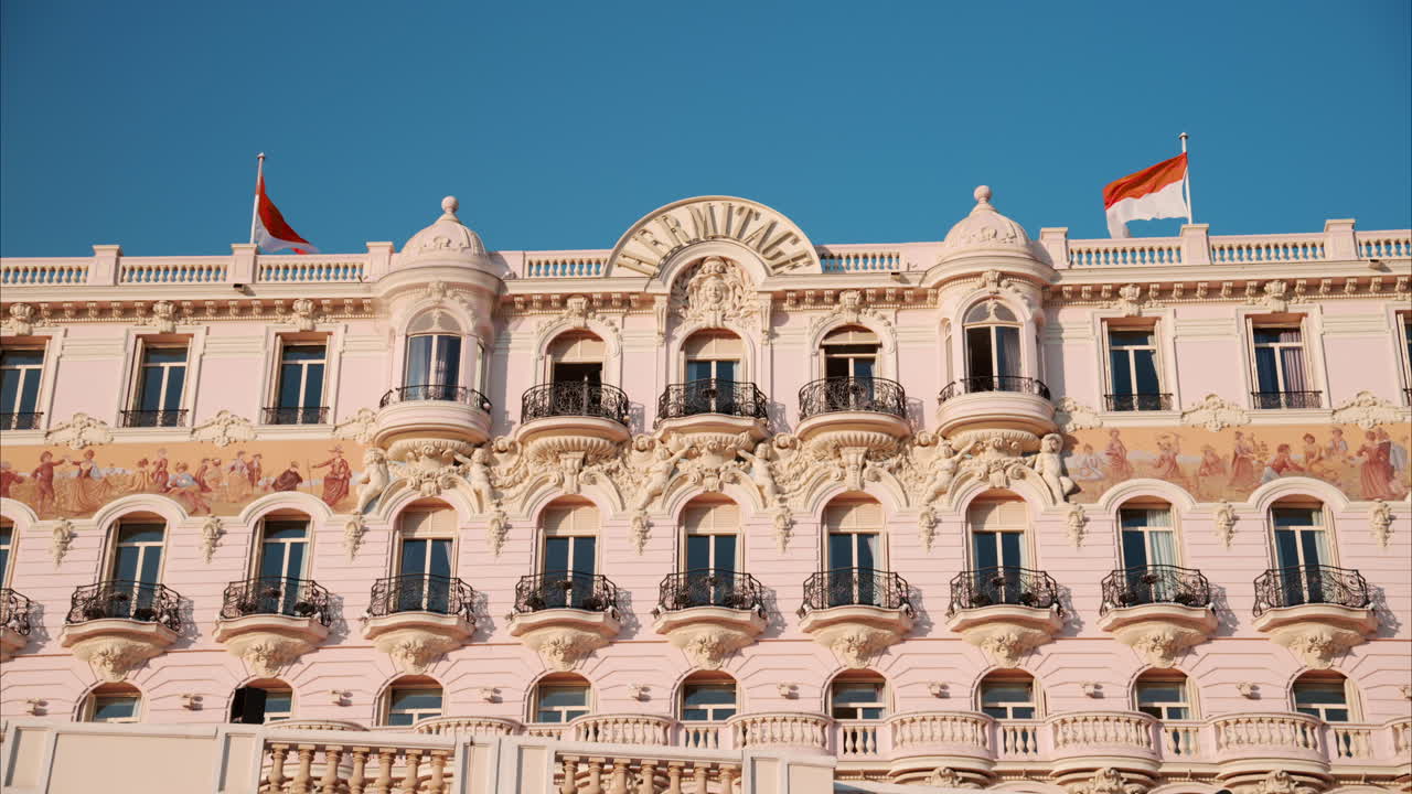 Monte Carlo, Monaco - October 14, 2024: Close up of the facade of Hotel de Paris in daylight