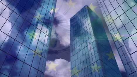 animation of european union flag over office buildings
