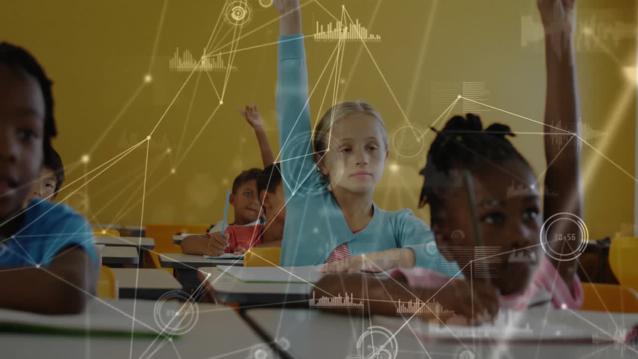 students raising hands at desks in school classroom, with floating network lines and data charts