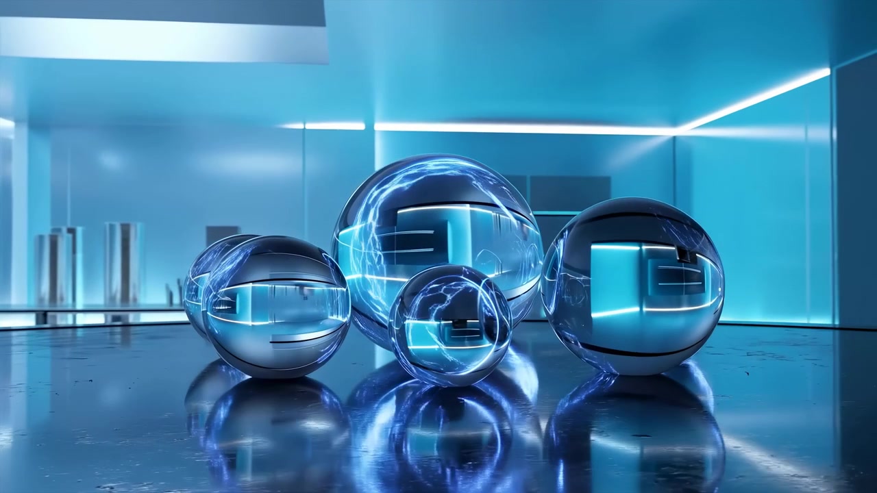Sfere di vetro lucido e cromo poggiano su un pavimento riflettente e texturizzato all'interno di un interno futuristico e minimalista, illuminate da strisce LED blu, con pannelli geometrici, ombre fredde e un'atmosfera da showroom elegante