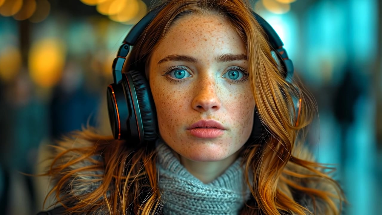 Portrait of ginger freckled woman with headphones in winter coat. Close-up portrait of a red-haired woman with freckles wearing headphones, a grey scarf, and a fur-trimmed jacket.