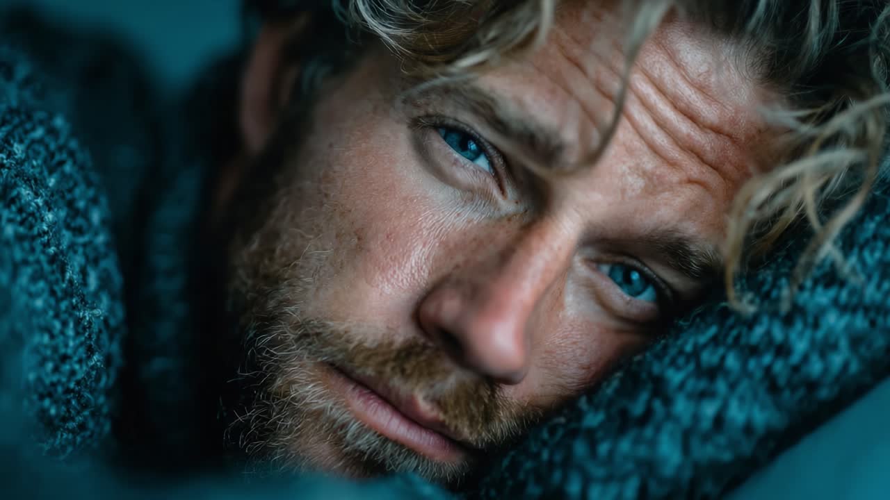 Intime Nahaufnahme eines nachdenklichen Mannes mit blauen Augen und welligem Haar im gemütlichen Pullover, der einen Moment der Besinnung und Emotion in einer sanften, schummrigen Atmosphäre einfängt.