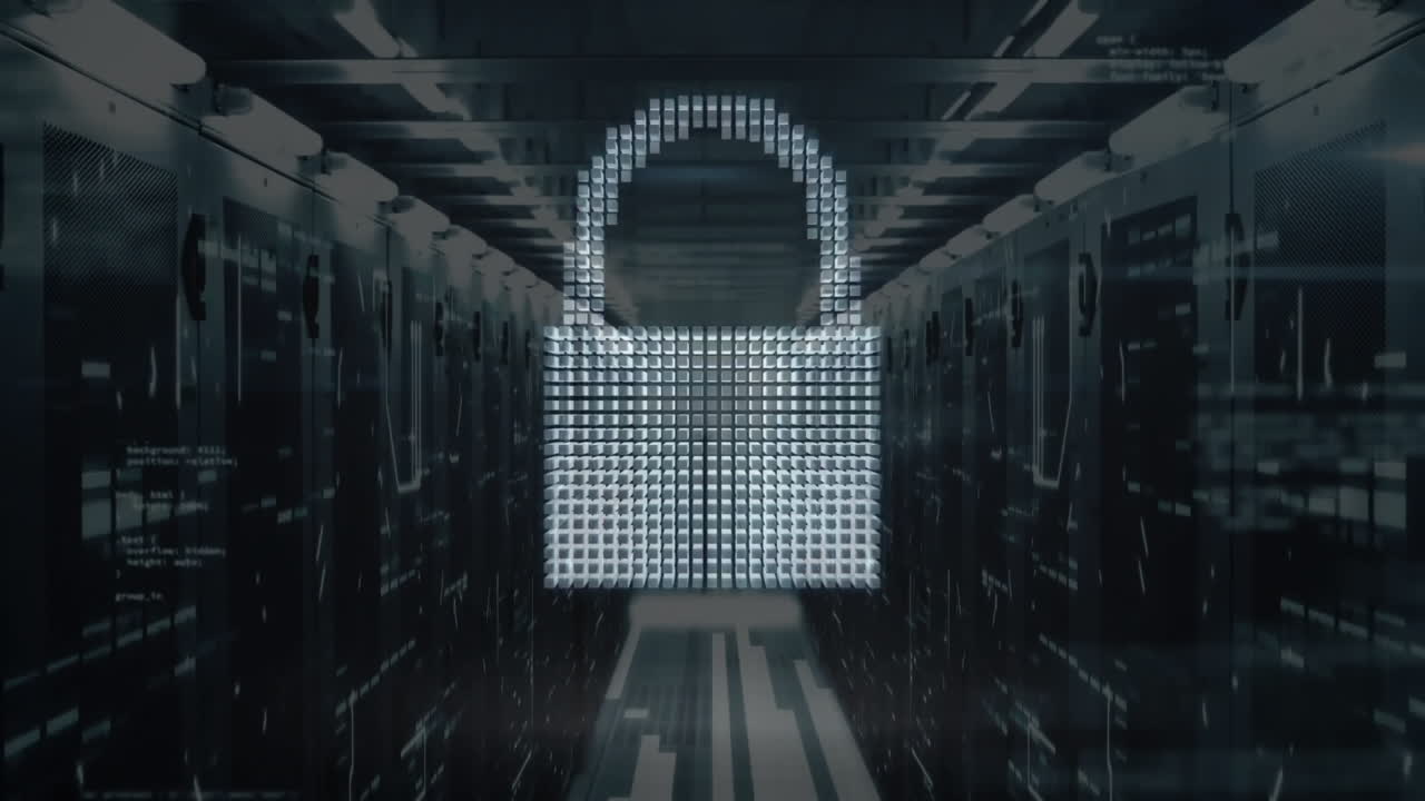 animación del icono del candado y procesamiento de datos a través de servidores informáticos.