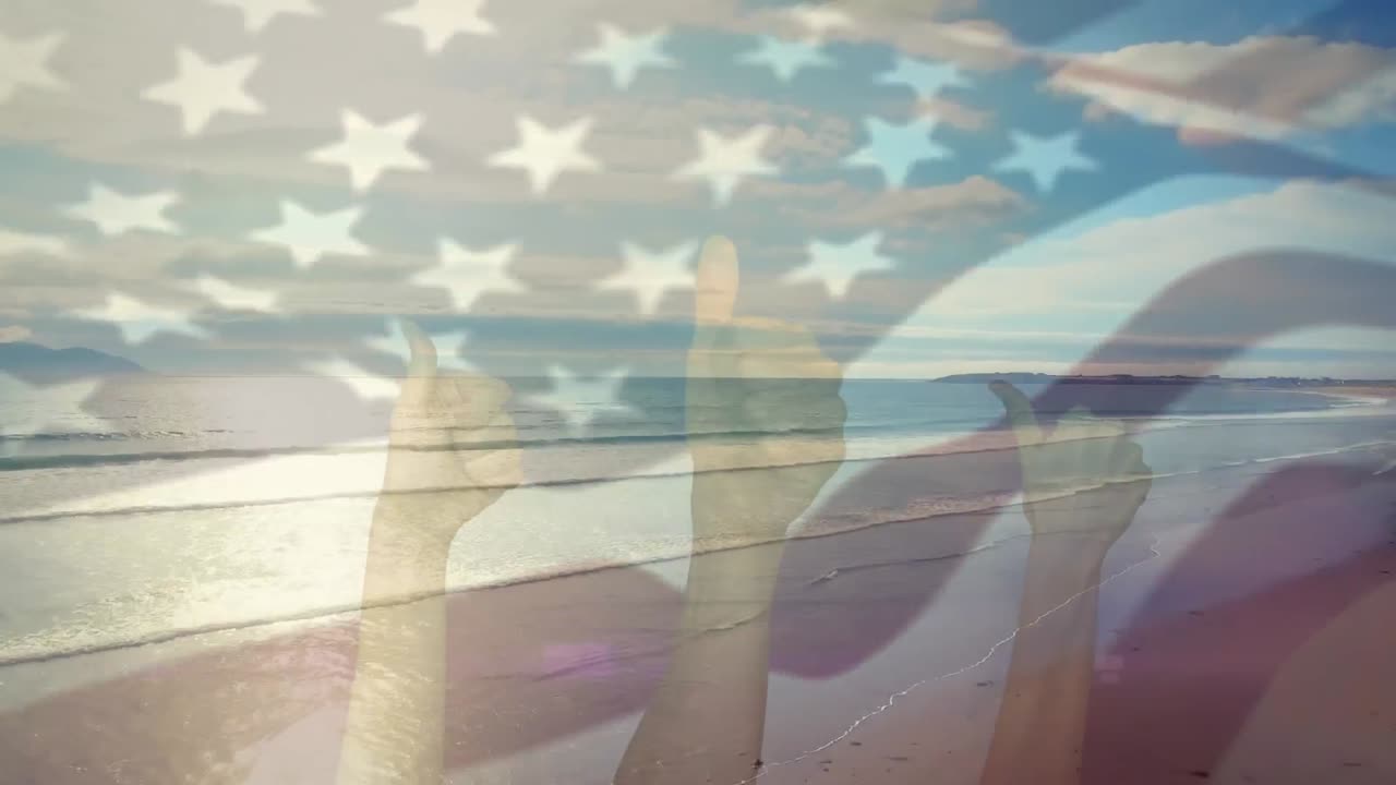 animación de la bandera de américa ondeando más de tres manos haciendo un gesto de pulgares hacia arriba