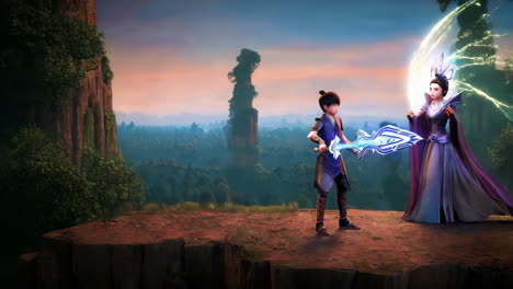 animated fantasy scene: a hero and a mystical figure on a cliff