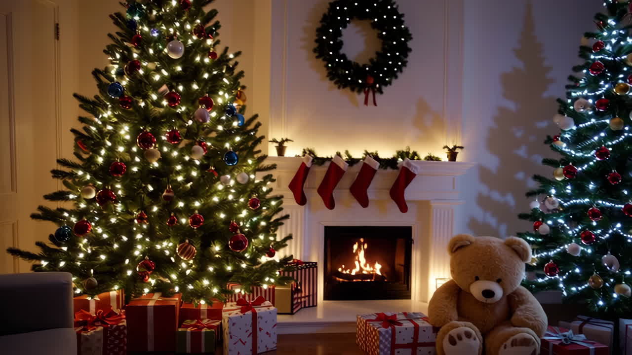 Cozy Christmas Scenes with a Large Teddy Bear by the Fireplace
