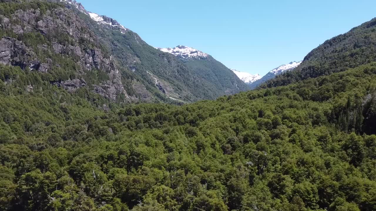 drone shot of blue river and snow capped mountains in patagonia argentina, andes mountains captured with DJI mini 3