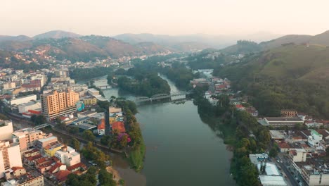 Aerial-View-of-Paraíba-do-Sul-River-in-Barra-do-Piraí,-Rio-de-Janeiro,-Brazil-at-dusk