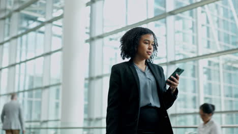 business woman, phone text and airport for travel