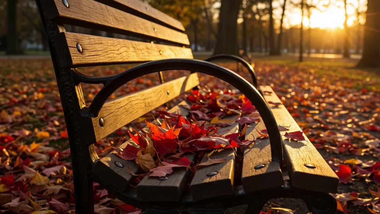 A Serene Autumn Sunset: A Close-Up of a Wooden Park Bench Adorned with Colorful Fallen Leaves amidst the Tranquil Beauty of Nature's Seasonal Change