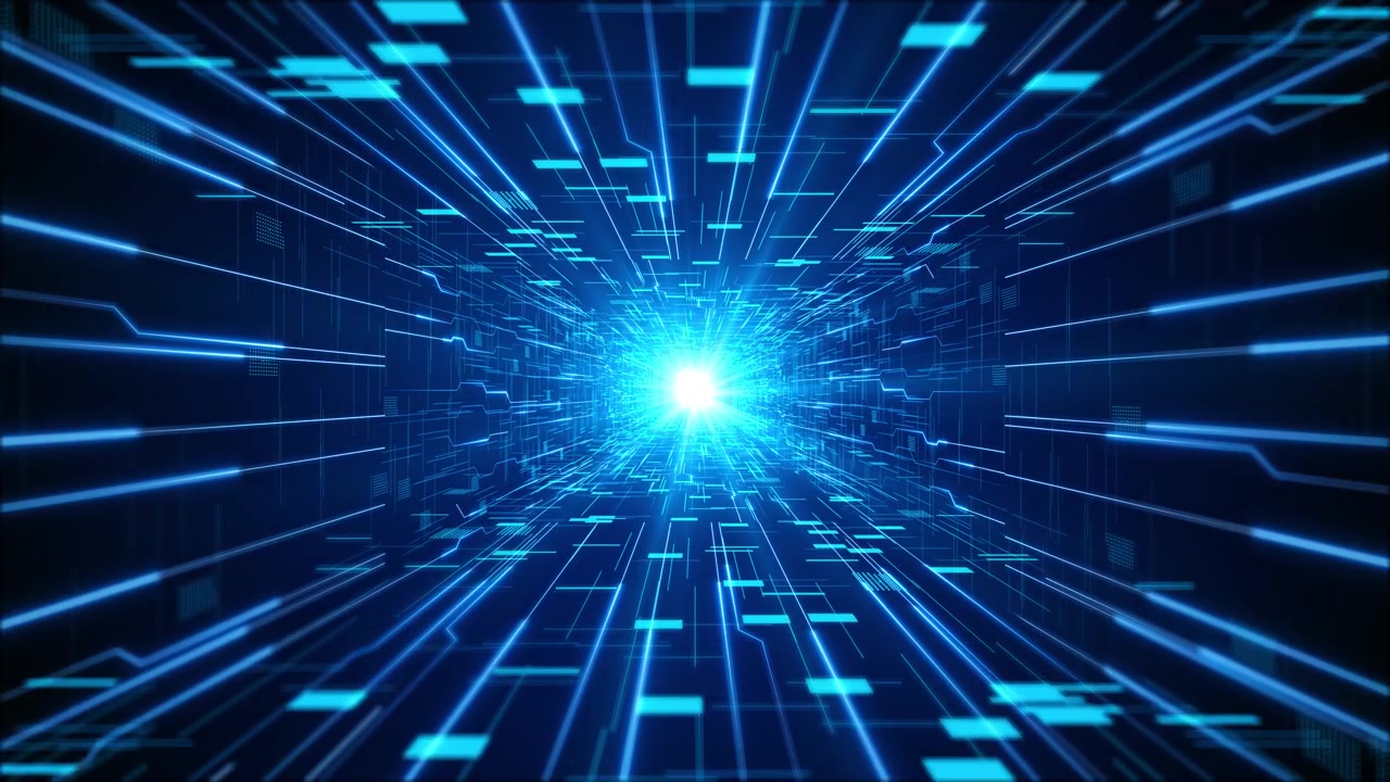 Blue futuristic technology tunnel fast cyan lines circuit panels bright central burst deep digital