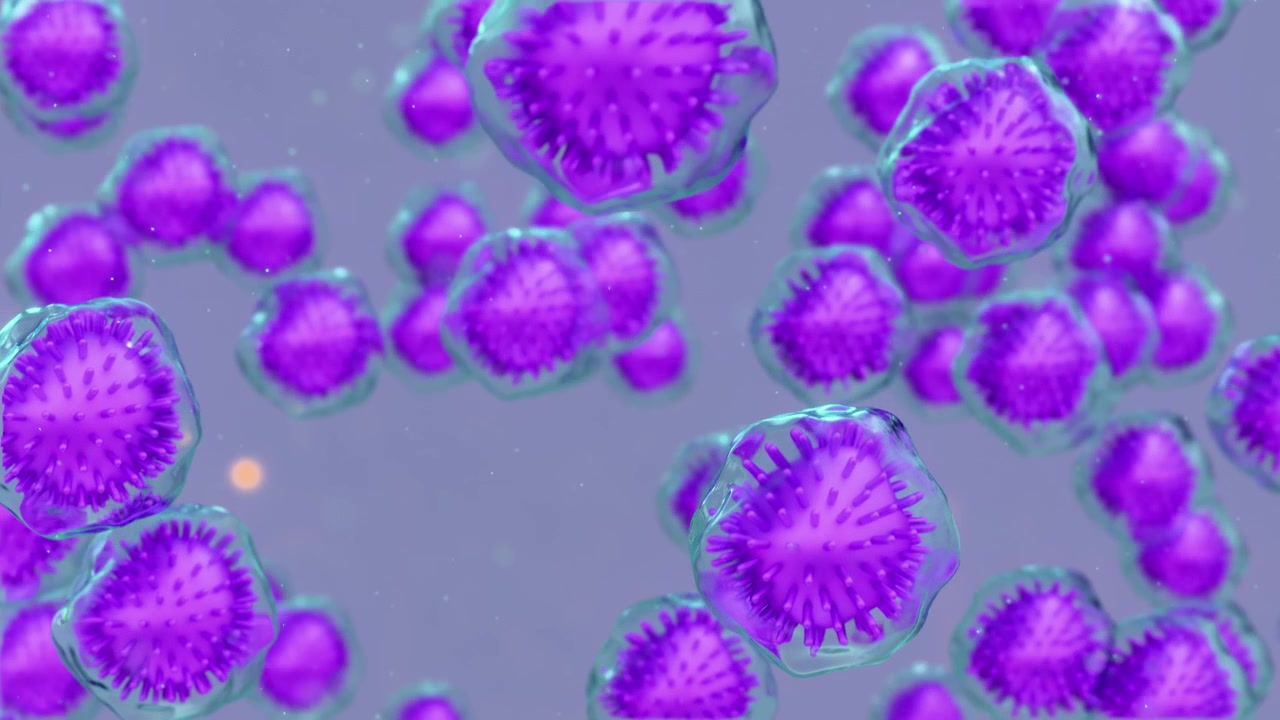 Illustrazione digitale microscopica di cellule virali viola in un fluido