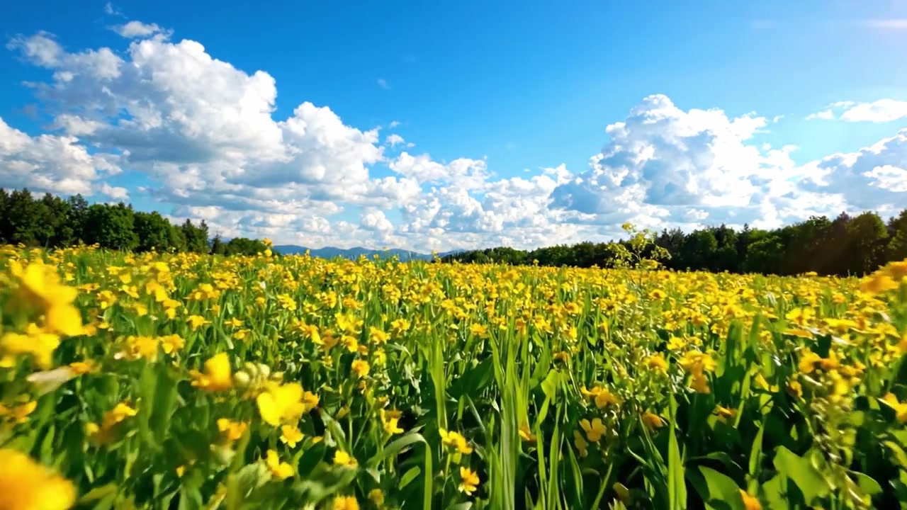 Campo vibrante di fiori gialli sotto un cielo azzurro brillante con nuvole bianche e soffici: una scena pittoresca che cattura la bellezza e la serenità della natura