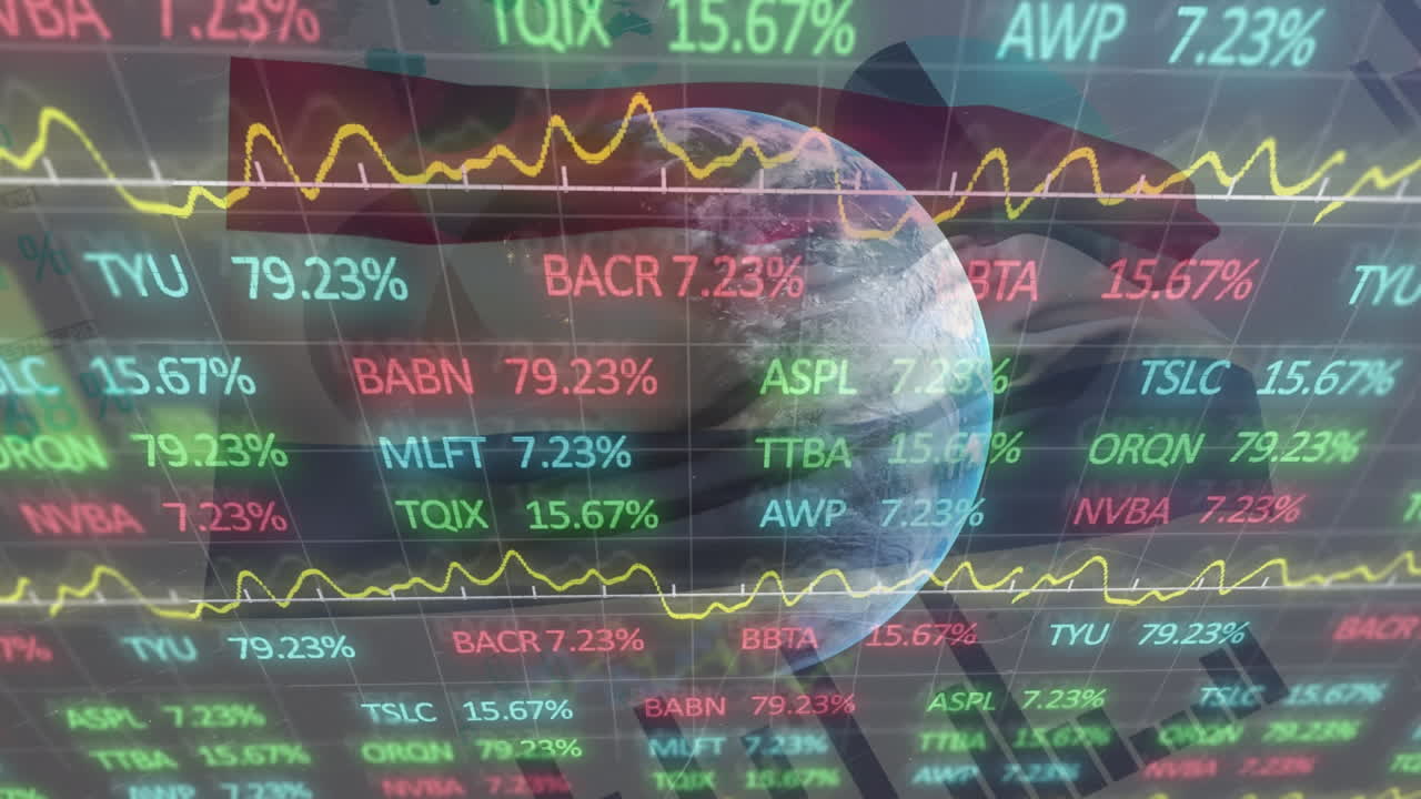 블랙 배경에 네덜란드의  ⁇ 발 위의 지구, 데이터 처리 및 그래프의 애니메이션