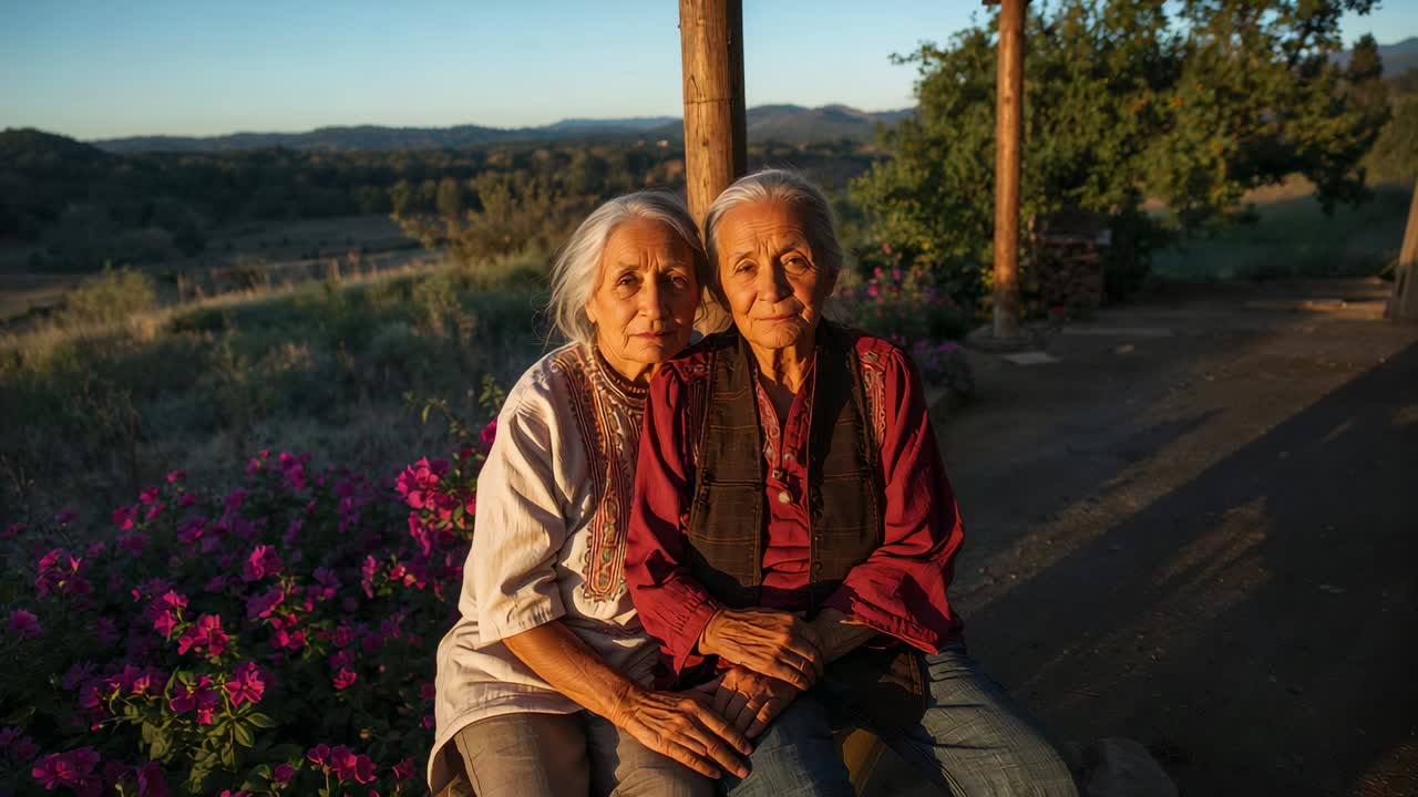 Idosas sorrindo de mãos dadas em um banco, de branco e vermelho, reagindo ao calor do sol em seus rostos