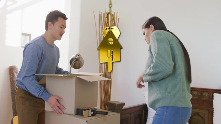 Animation of golden key and house over diverse couple carrying cartons at home