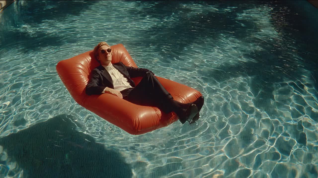 A Relaxing Moment: A Stylish Individual Enjoys the Sun on a Vibrant Floating Lounger in a Sparkling Pool, Embracing the Serenity and Calm of a Perfect Day
