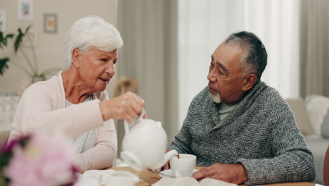 elderly woman, man and pouring tea at book club