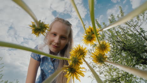 girl admires dandelions in the meadow