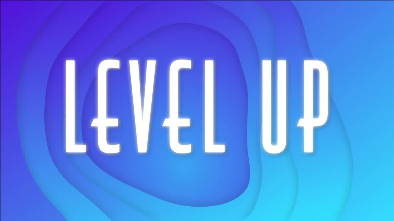 검은색 배경의 파란색 모양 위에 텍스트 애니메이션을 레벨 업