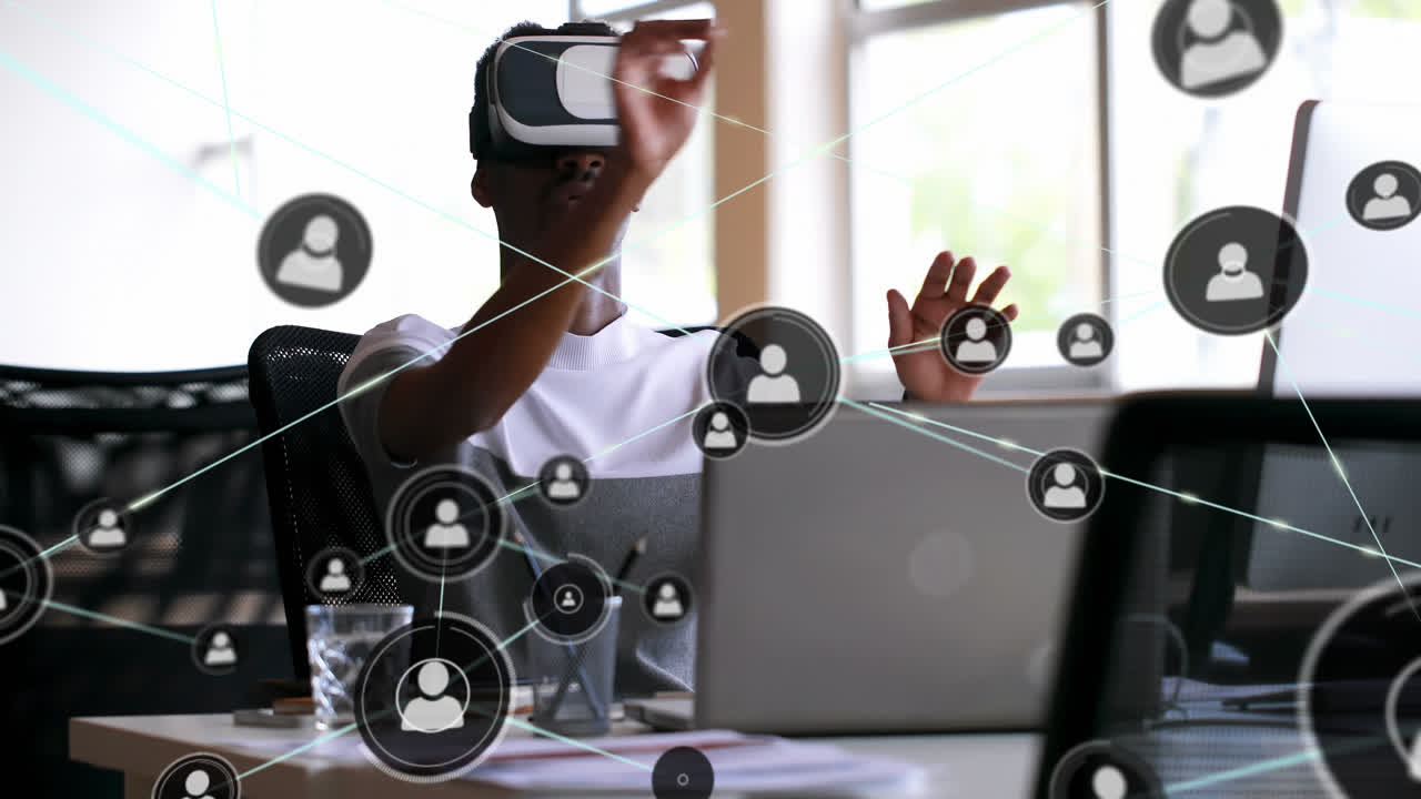 Animation of networks of connections and businessman wearing phone vr headset