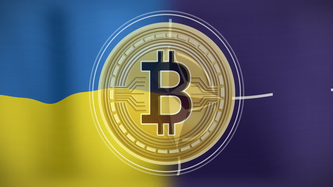 Animace symbolu Bitcoinu přes vlajku Ukrajiny a NATO