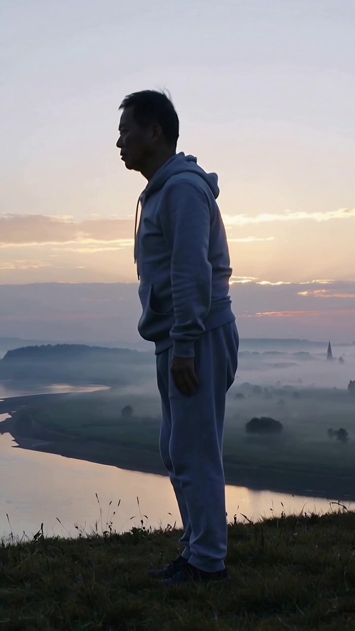Video verticale: Un uomo in tuta con cappuccio si raddrizza sulla cima di una collina, di fronte all'alba