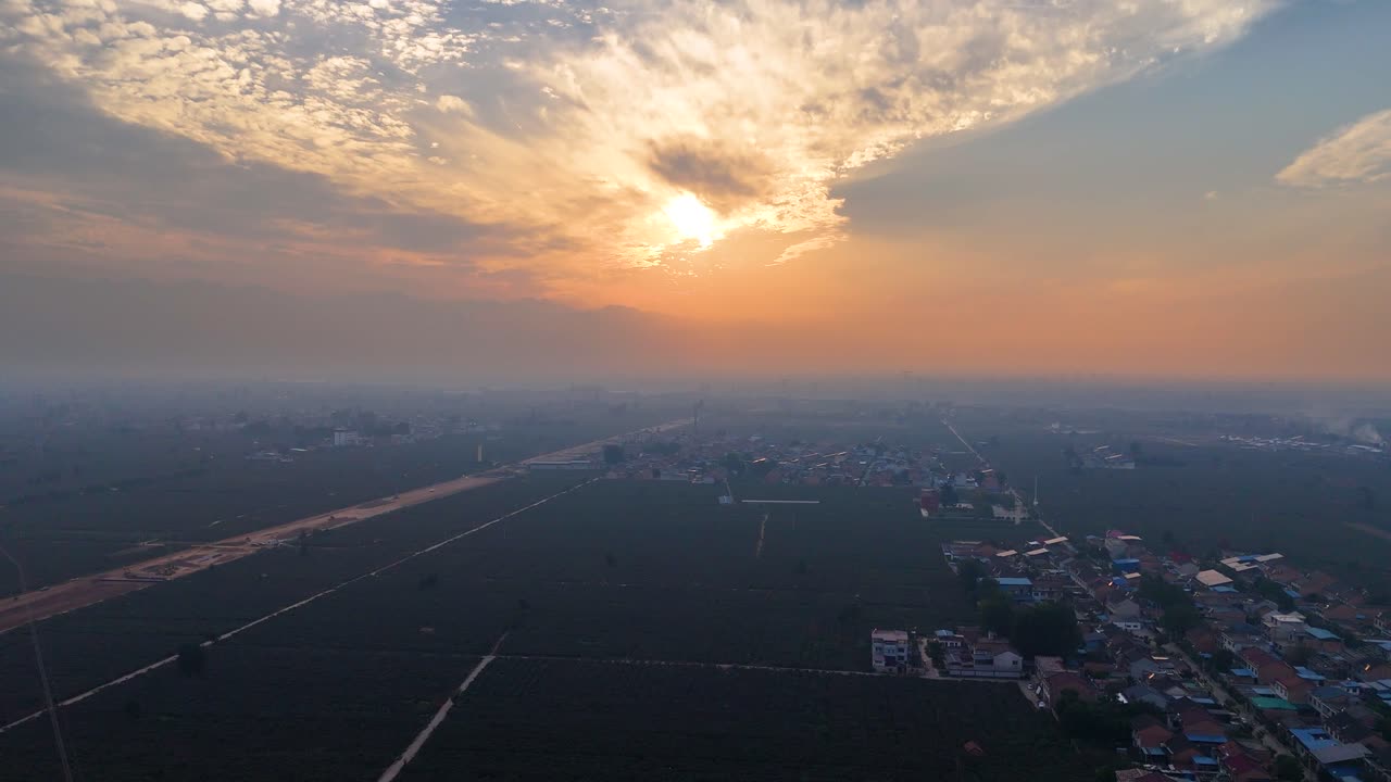 Aerial View of Tea Plantation at Sunset in Rural China