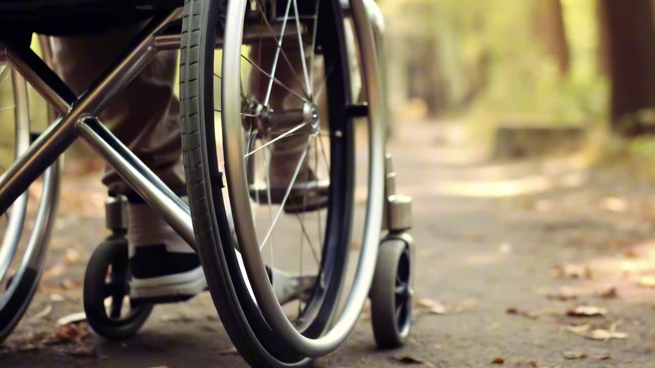 Close-up, low-angle video of a wheelchair on a forest path, highlighting mobility and nature
