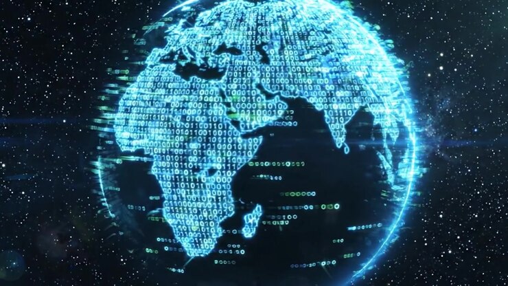 Una visualizzazione dinamica della Terra presentata tramite flussi di dati binari, che mostra l'interconnessione dei nostri mondi digitali e naturali.