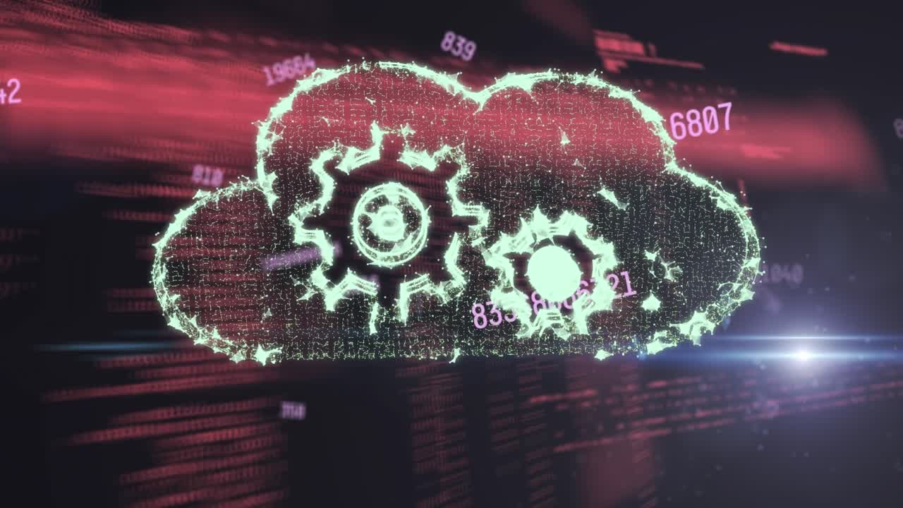 Animation of gears in cloud over data, numbers and moving light flare against black background