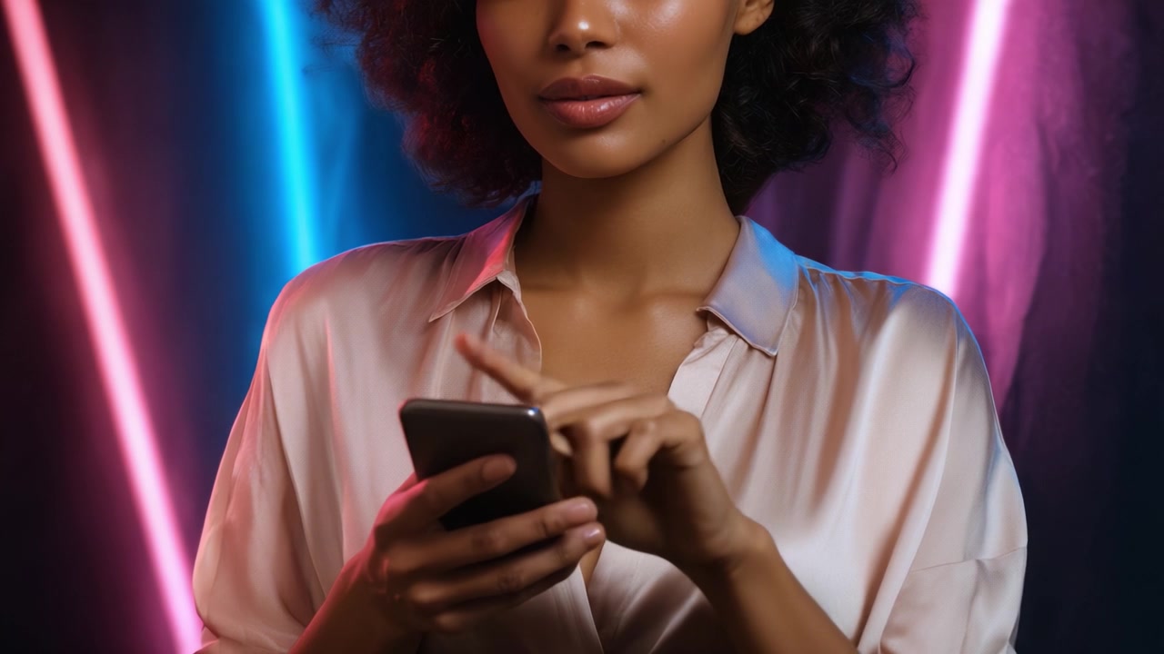Una donna in camicetta di seta tiene uno smartphone sotto luci al neon, intenta a messaggiare o visualizzare contenuti con un'espressione accattivante